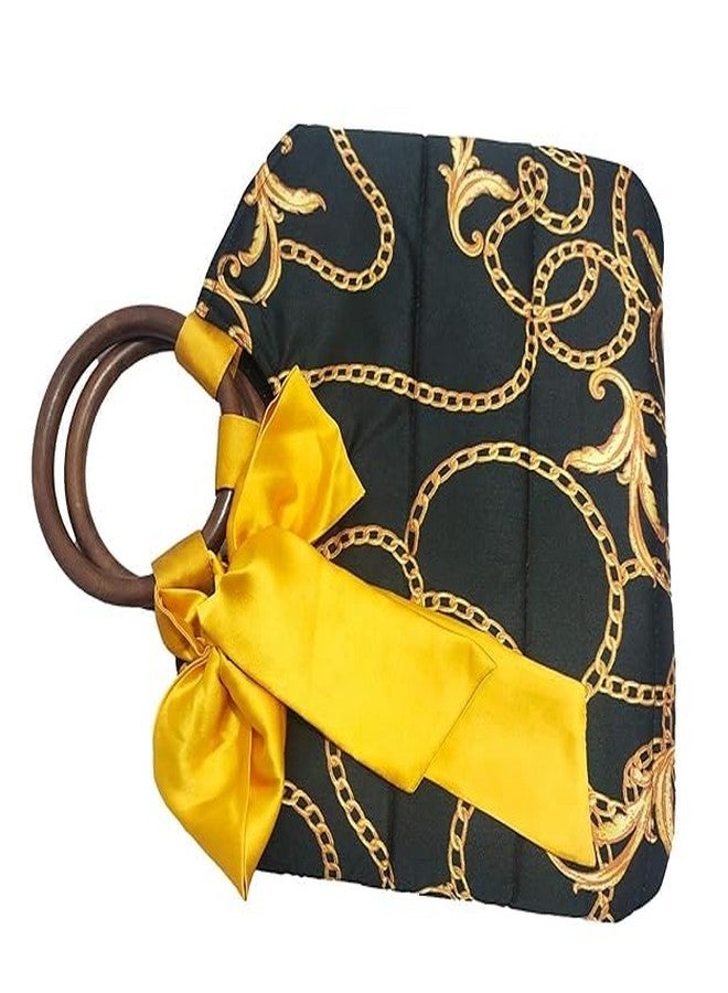 athizay handbags wooden handles Potli Bags with Handcrafted Bow Detail hand carry artistic wristlets bags for women (Black, Gold) - Image 2